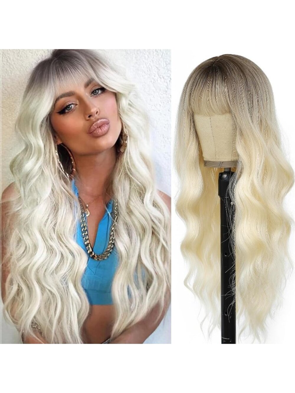 Women Platinum Blonde 26 Inch Natural Looking Heat Resistant Synthetic Wigs Bang
